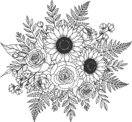 Elegant Line Art Floral Bouquet Sunflowers, Roses, and Ferns