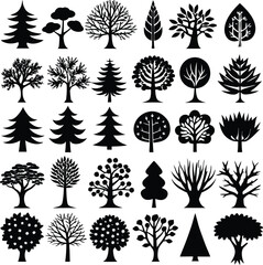 Black tree and flower silhouette vector set with floral decorative elements