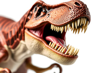 Menacing T-Rex figurine with razor-sharp teeth, isolated on white, showcasing primal ferocity and intricate craftsmanship.
