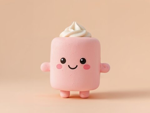 Sweet Pink Treat. A Cartoon Candy Character with Whipped Cream on a Peach Backdrop.