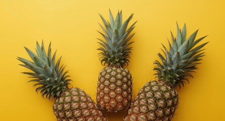 Fototapeta premium Three Pineapples on a Yellow Background, a Tropical Still Life, Bright and Vivid.