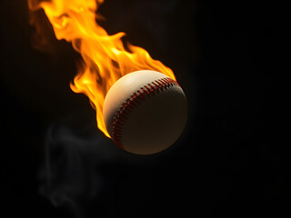 Flaming baseball in midair, fiery glow in darkness — power and intensity unleashed