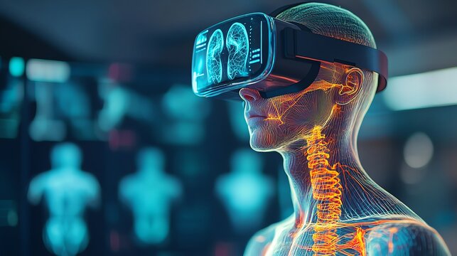 medical professional using a VR headset to explore holographic human anatomy, virtual reality and augmented reality in medical training and diagnostics healthcare technology