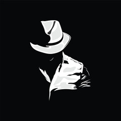 vector white silhouette of mysterious man in half body hat on isolated black background