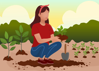 a young woman holding soil and plant in the field with sunset background
