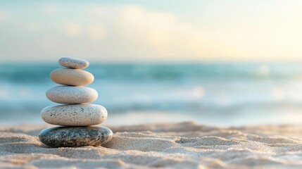 Fototapeta premium A stack of five stones on a sandy beach with a calm ocean in the background.