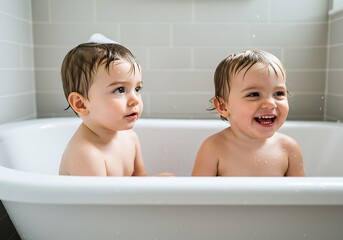 Two toddlers enjoy a bath together, one smiling and the other looking to the side