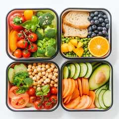 Culinary Canvas: A vibrant and healthful assortment of fresh vegetables and fruits, meticulously arranged in square compartments, symbolizing a balanced and nutritious approach to food and well-being.