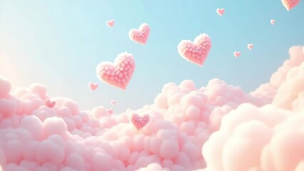 Fluffy pink heart shapes float above clouds against a blue sky for romantic themes Valentines Day or expressing affection. - Powered by Adobe