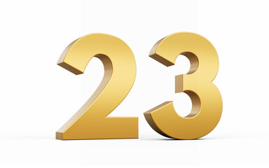 3D Golden number 23 Twenty three isolated on white background, 3d illustration
