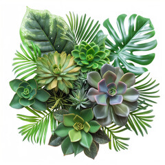 Botanical Garden: An overhead shot of lush green plants and succulents, capturing the beauty of nature and the intricate textures of botanical specimens.