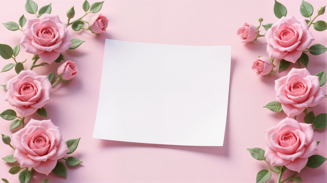 Pink roses and blank note on pink background - Powered by Adobe
