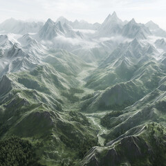 Majestic Mountain Vista: A breathtaking panoramic view unfolds, revealing towering mountain ranges blanketed in lush greenery, with mist-covered peaks that whisper of nature's grandeur.