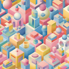 Geometric Abstraction: A captivating isometric composition of geometric shapes rendered in a pastel color palette, creating a visually engaging and artistic aesthetic.