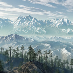 Majestic Mountain Panorama: A breathtaking vista of snow-capped peaks piercing the sky, embraced by a misty atmosphere, with lush forests in the foreground.