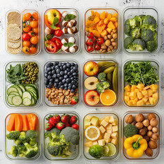 Healthy Meal Prep: An inviting overhead shot of various food groups meticulously portioned into transparent containers, symbolizing a commitment to mindful eating and wellness.
