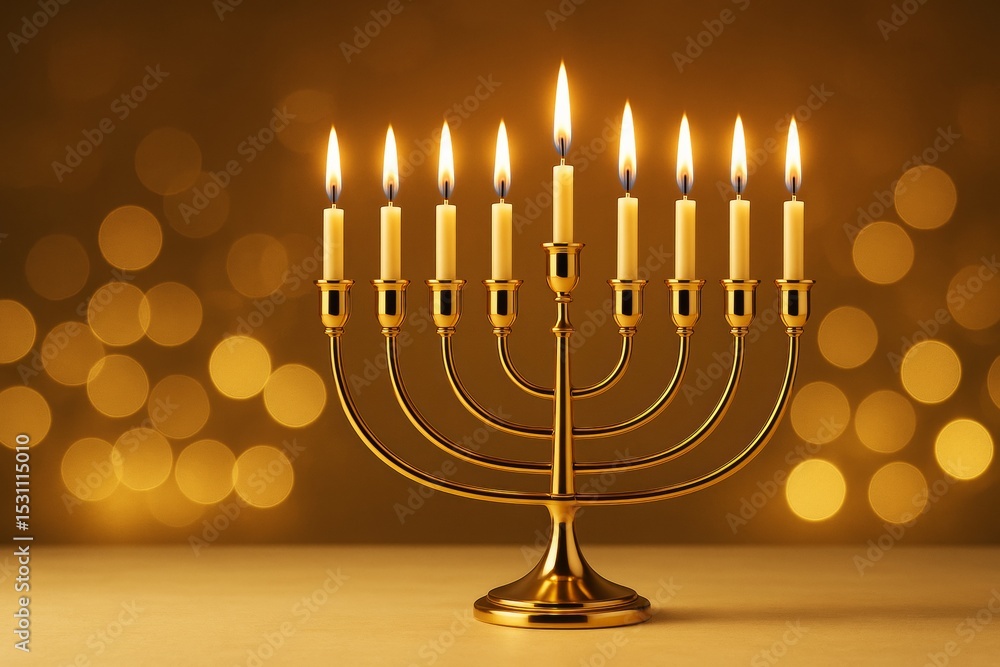 Poster golden hanukkah menorah with nine lit candles on soft glowing bokeh background symbolizing festive l