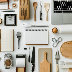 Culinary and Work Essentials: An overhead perspective features an artfully arranged collection of culinary and workspace tools, each one presented in exquisite detail.