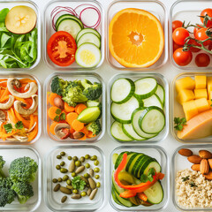 Nutritious Delights: An eye-level composition showcases a collection of meticulously arranged food containers, each filled with a vibrant array of fresh produce.