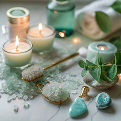 Serene Spa Still Life: A soothing composition of spa essentials, featuring flickering candles, essential oils, and natural elements, evokes a sense of calm and well-being. 