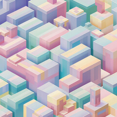 Geometric Pastel Cityscape: A visually captivating, isometric perspective of an abstract cityscape, rendered in soft pastel hues and geometric forms, creating a sense of playful architectural wonder.