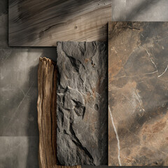 Natural Stone and Wood Composition: A textured composition of natural stone slabs and weathered wood planks interplays with light and shadow to create a visually tactile design element.