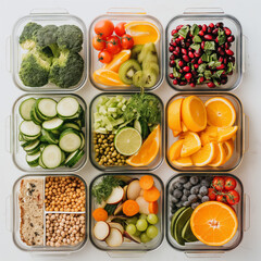 Nutritious meal prep: A vibrant assortment of colorful, fresh vegetables, fruits, and whole grains are expertly arranged in clear containers.