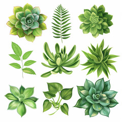 Green Succulents and Fern Collection: A vibrant collection of succulents and fern, showcasing diverse textures and shades of green, perfect for design projects.