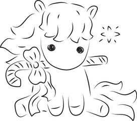 cute little pony sitting and holding christmas candy cane with bow in mouth, front view, simple hand drawn illustration, painted with a black brush