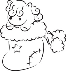little cute pony with curly mane in a cute Christmas stocking, simple hand drawn illustration, painted with a black brush