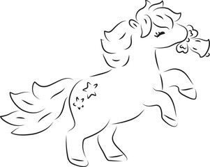 happy cute little pony standing on hind legs holding small bell in mouth, side view, simple hand drawn illustration, painted with a black brush