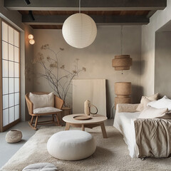 Calm Living Space: Interior of a stylish living room with a soft, neutral palette, creating a serene and inviting atmosphere with contemporary furniture, decor, and natural light. 