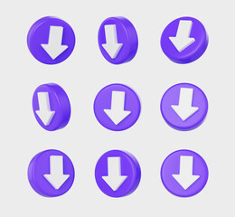 3D Set of White downward arrow on a Purple circular icon, symbolizing download or downward direction, 3d illustration
