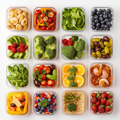 Colorful Culinary Canvas: A vibrant and diverse assortment of fresh produce, artfully arranged in individual containers, showcasing the beauty and nutritional value of nature's bounty.