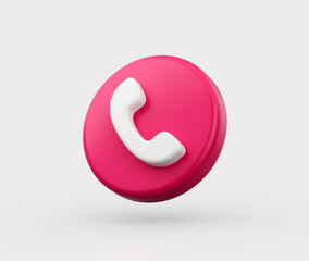 3D Pink button with a white phone icon, symbolizing calls and customer service, 3d illustration