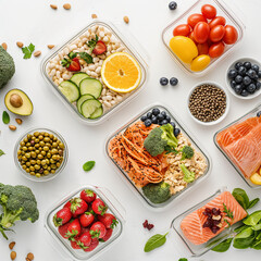 Nutritious Meal Prep Array: An overhead shot spotlights an assortment of fresh, colorful ingredients and dishes.