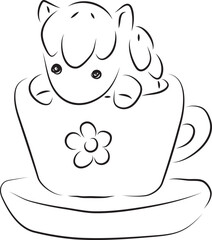 cute little pony sits in a big mug on a saucer, simple hand drawn illustration, painted with a black brush