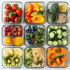 Healthy Meal Prep: A vibrant arrangement of fresh, colorful fruits and vegetables, meticulously portioned in glass containers, promising wholesome, delicious meals.