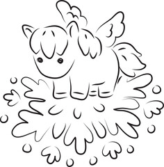 cute little pony pegasus standing on a big snowflake, simple hand drawn illustration, painted with a black brush