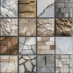 Stone texture showcase: A meticulously composed grid of diverse stone textures, showcasing a variety of natural stone and engineered surfaces with intricate detail and a focus on craftsmanship.