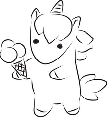 cute little unicorn standing holding ice cream and looking at camera, simple hand drawn illustration, painted with a black brush
