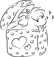 cute little unicorn peeking out of gift box, simple hand drawn illustration, painted with a black brush