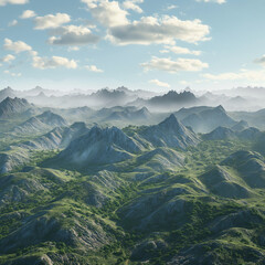 Majestic Mountain Vista: A sweeping vista unfolds, revealing rugged mountain ranges stretching towards the horizon under a serene sky, showcasing the grandeur of nature's artistry.