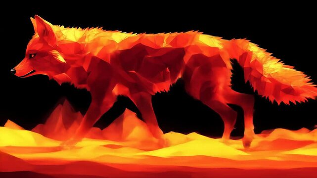 Fiery polygonal wolf walks through blazing, shadowy fields against a black background
