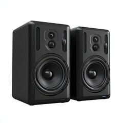 Obraz premium Studio Monitor Speakers. A pair of black, compact studio monitors. Features include a sleek design, and visible speaker drivers. Ideal for audio production and mixing