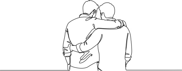 continuous single line drawing of two guys, rear view of friends placing arms around shoulders, line art vector illustration