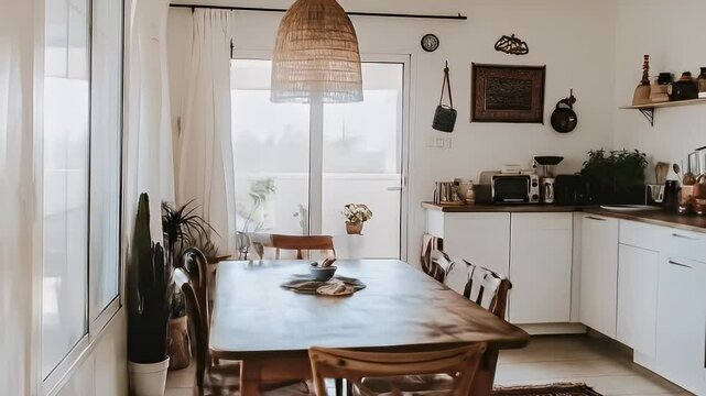 Bright Modern Kitchen and Dining Area with Wooden Table