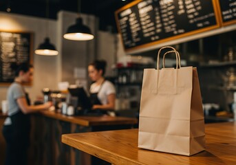 Brown paper bag on restaurant counter with staff working in background