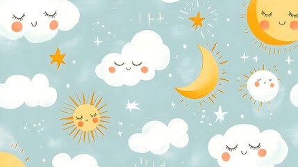 un fondo azul claro con nubes lunas y estrellas o soles para tarjeta infantil de cumpleaños decorativa plantilla con diseño y textura 