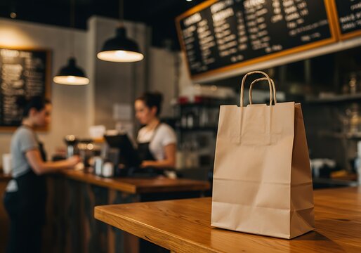 Brown paper bag on restaurant counter with staff working in background